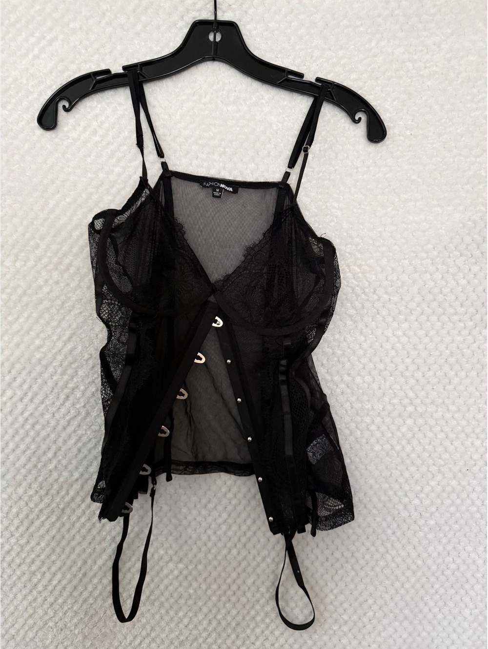 Fashion Nova Black Sheer Lace Camisole Top with Adjustable Straps and Front Hook
